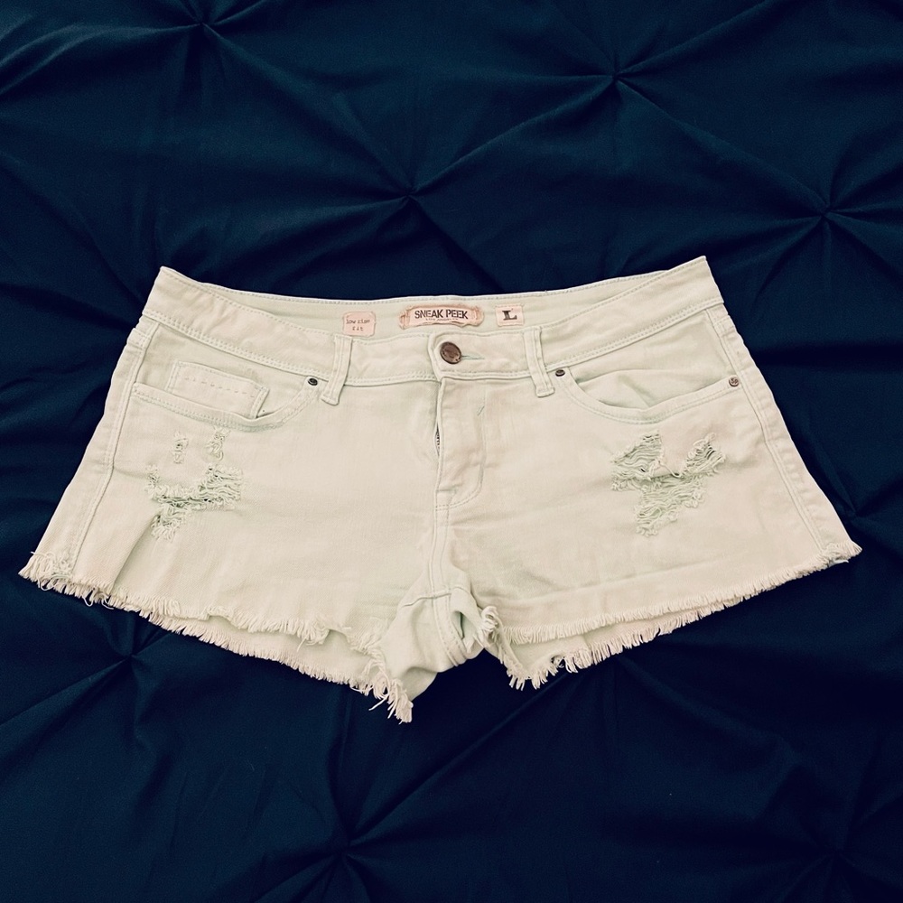 Teal Denim Distressed Shorts